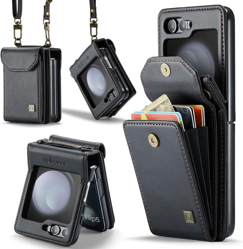 ASAPDOS Crossbody Case Compatible with Samsung Galaxy Z Flip 5,Retro PU Leather Strap Wristlet Flip Case with Magnetic Closure and Card Holder for Men Women Black - Image 1